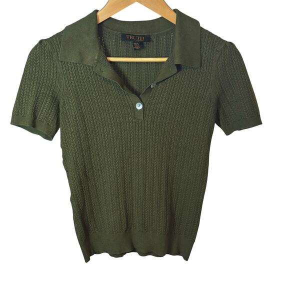 TRUTH By Republic Olive Green Cable Knit Short Sleeve Collared Top Sweater Sz XS - Picture 1 of 11